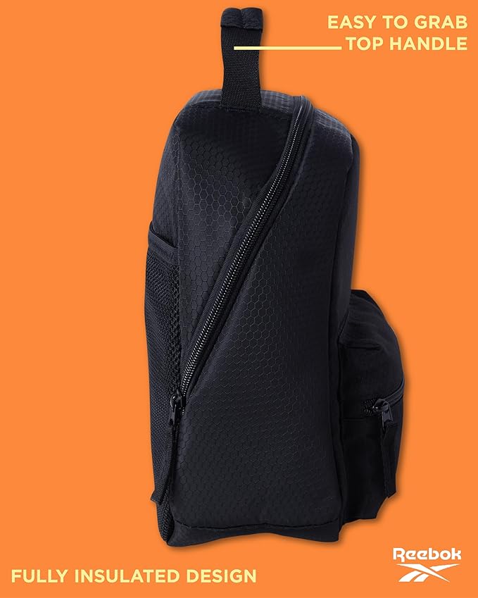Reebok Mens and Womens Lunch Bag - Portable Insulated Work Lunch Box for Women and Men with Two Compartments and Handle, Quinn Black