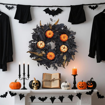 GarveeHome Halloween Wreath for Front Door, 18 Inch Fall Wreath with Pumpkins and Maple Leaves for Indoor Outdoor Wall Window Porch Patio Garden Farmhouse Home Party Prom Decoration