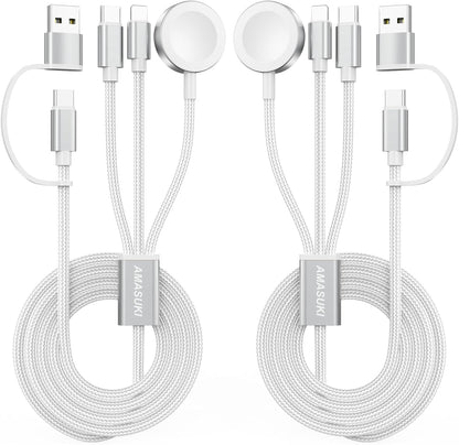 2Pack White-Travel Essentials 3 in 2 USB C Cable for Watch Charger Phone Charger USB C Multi Fast Charging Cable Compatible with Watch Ultra/SE/10/9/8/7/6/5/4/3/2/1 & Phone 16/15/14/Galaxy S23-4FT