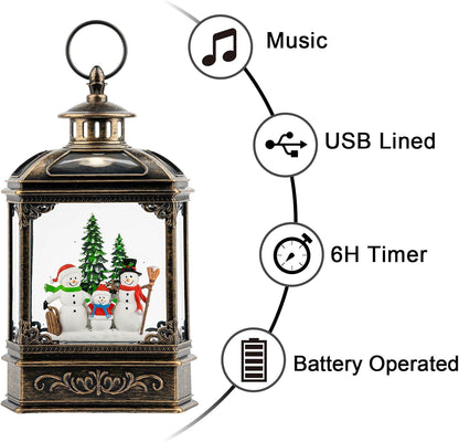 Christmas Snow Globe Lantern Water Glittering Snowman Family with Music & Timer, USB Lined/Battery Operated Lighted Lantern for Christmas Festival Decoration Gifts