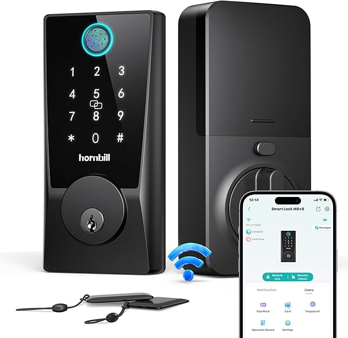 Hornbill WiFi Smart Locks for Front Door: Keyless Entry WiFi Keypad Deadbolt Lock, Compatible with Alexa, Remote Control, Fingerprint Password Unlock, Auto Lock, Built-in Wi-Fi (2.4Ghz)
