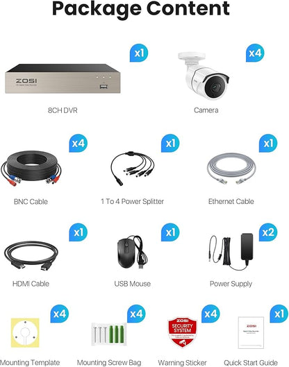 ZOSI 8CH 3K Lite Home Security Camera System with One-Way Audio,H.265+ 8-Channel CCTV DVR,AI Human/Vehicle Detection,4pcs 1080p Bullet Metal Cameras Indoor Outdoor,120FT Night Vision,No Hard Drive
