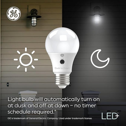 GE LED+ Dusk to Dawn A19 LED Light Bulbs, Automatic On/Off Outdoor Light, Daylight, 8.5W (3 Pack)