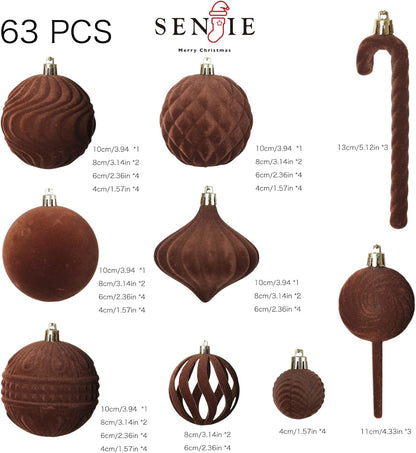 Senjie Velvet Christmas Balls Flocked Christmas Tree Ball Ornaments 63PCS Bulk Plastic Balls Xmas Decorative Hanging Ornaments Christmas Tree Decoration Brown