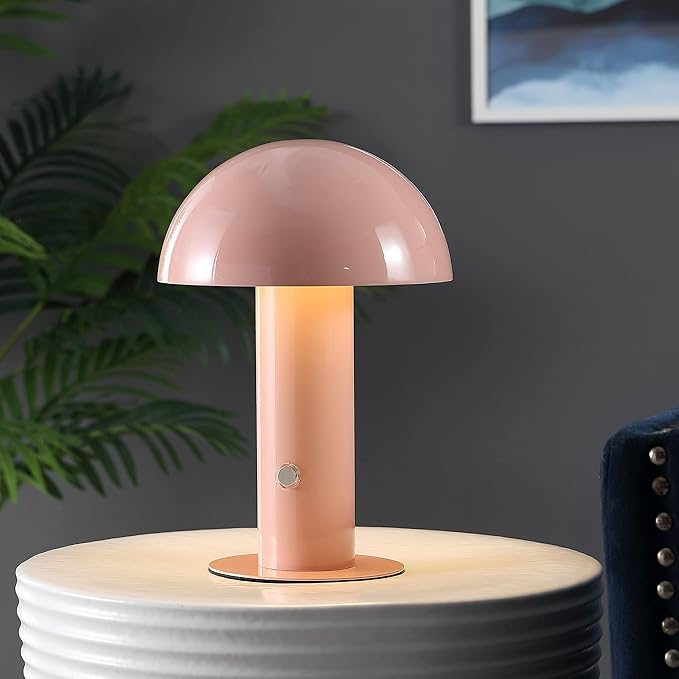 JONATHAN Y 10.75" Pink Rechargeable LED Mushroom Table Lamp, Cordless Portable Bedside Lamp for Living Room Bedroom, 3-Way Dimmable Modern Iron Desk Light, Metal Shade (JYL7115F)