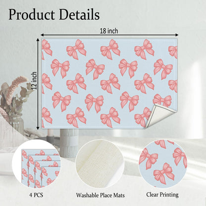 Pink Bow Placemats Set of 4, Blue Table Mat for Home Kitchen, Restaurants, Outdoor Linen Washable Place Mats 12x18 inch Party Event Dining Decoration-04
