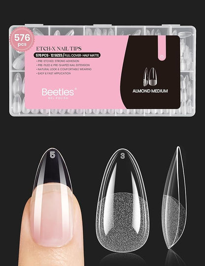 Beetles Medium Almond Nail Tips 576pcs 12 Sizes, Pre-Etched Soft Gel Nail Tips Half Matte Full Cover Press on False Nail Tips Clear Acrylic Nails Glue on Nails DIY Nail Extension Gift for Women