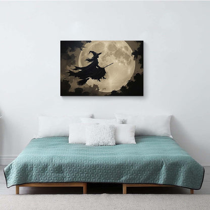 JFHCQJPK Full moon witch silhouette poster witch on magic broom Halloween mural poster decorative mural art suitable for home living room bedroom16x24in Frameless