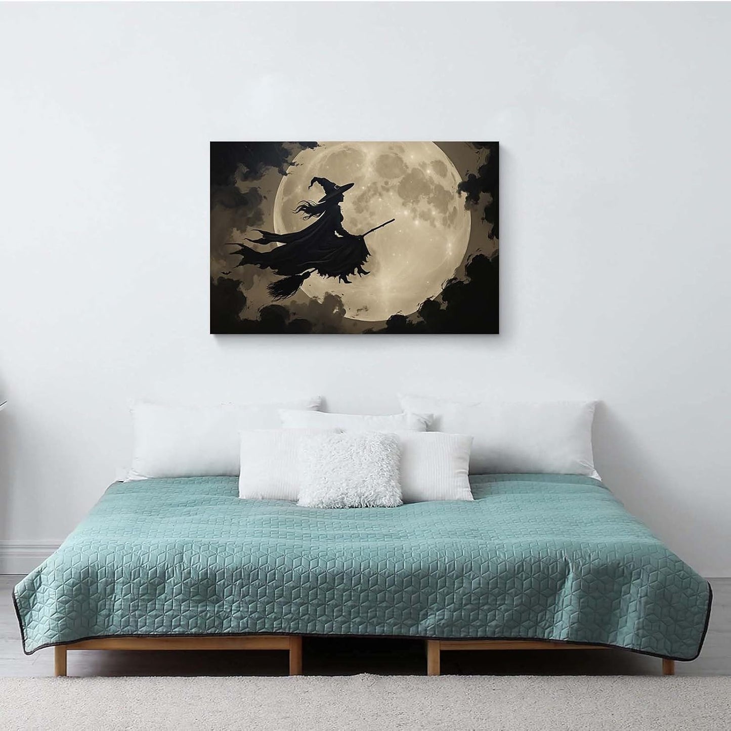 Full moon witch silhouette poster witch on magic broom Halloween mural poster decorative mural art suitable for home living room bedroom28x40in Wood Framed