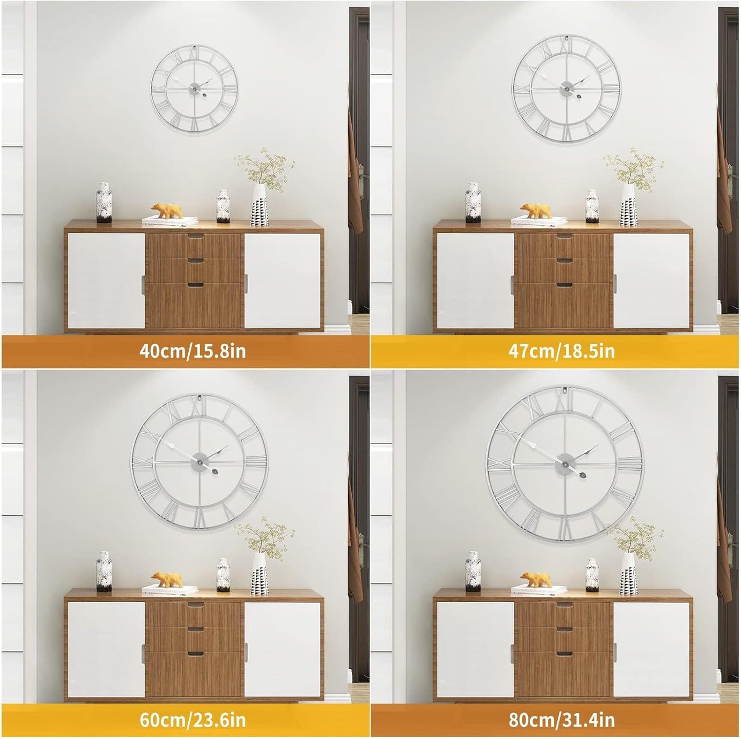 1st owned Large Wall Clock Silent Non-Ticking Roman Numerals Vintage Battery Operated (24 inch,18inch,16inch) Farmhouse Wall Clock for Living Room, Bedroom, Kitchen, Cafe Decor-Silver 47CM