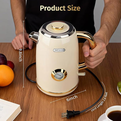 INFOOD Retro Electric Kettle 1.7L/57oz with Thermometer - 1500W Fast Boiling Stainless Steel Hot Water Tea Kettle, BPA-Free, Cordless, Auto Shut-Off, Boil-Dry Protection, White