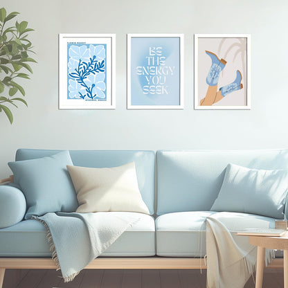 Blue Preppy Canvas Wall Art Posters Set of 3 Trendy Cowgirl Boots Home Decor Flower Market Painting Prints Coastal Aesthetic Picture for Girls Bedroom Bathroom Living Room Dorm 16x24Inch Unframed