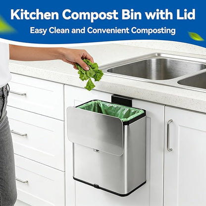 Compost Bin Kitchen, 2.1 Gallon Stainless Steel Trash Can with Lid for Countertop or Under Sink, Hanging Small Trash Bin, Removable Inner Bucket, Built-in Charcoal Filter, 60 Compostable Garbage Bags