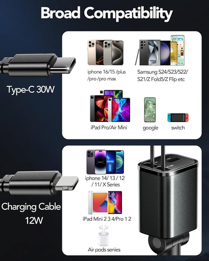 Upgraded Retractable Car Charger Adapter,4 in 1 Fast Charging Car Phone Charger,69W USB C Car Truck Accessories,Road Trip Essentials Gift for Men Women for iPhone 16/15/14/13/12/11,Galaxy,Pixel