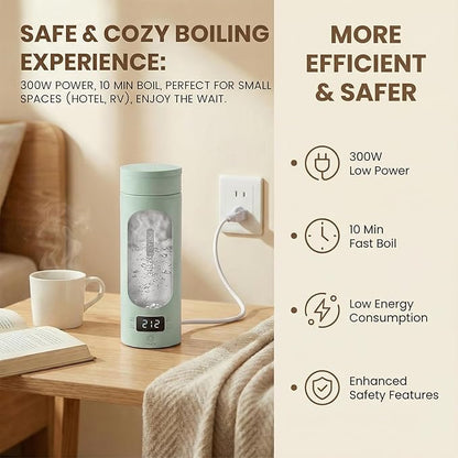 Portable Electric Kettle forTravel, Small Hot Water Kettle with NTC Temperature Control and Auto Shut-Off, 316 Stainless Steel, Green 110V & 15oz