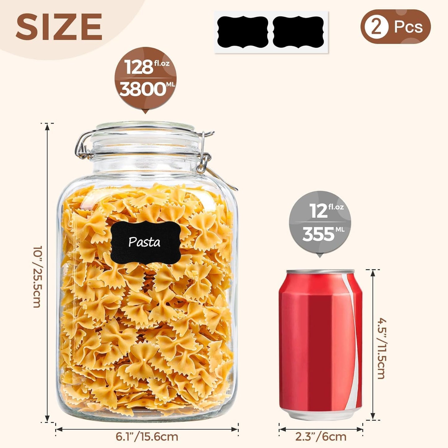 ComSaf 1 Gallon Glass Jar with Lid, Flour Sugar Storage Containers 128oz, Cereal containers storage, Glass Jars with Airtight Lid, Large Storage Containers with Lids for Pickled Egg, Herb, Set of 2