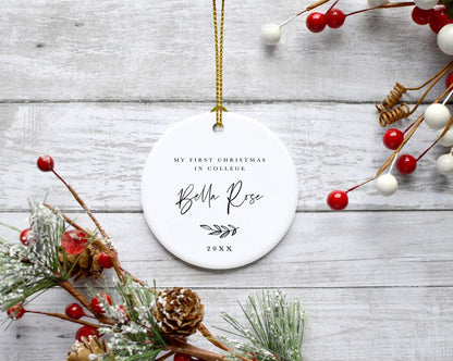 Andaz Press Personalized Round Ceramic Porcelain Christmas Tree Ornament Keepsake Collectible Gift, My First Christmas in College 2025, Olivia Carter, Antique Handdrawn, 1-Pack, Custom