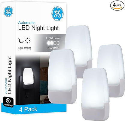 GE LED Night Lights Plug Into Wall, Dusk to Dawn Sensor, Ambient Lighting, Dorm Room Essentials, Bathroom Decor, Smart Home, for Bedroom, Cool White, 55992, 4 Pack