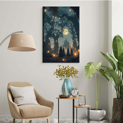 Mysterious creek painting witch and castle in magic forest art print canvas gothic print dark college decoration poster for home bedroom16x24in Wood Framed