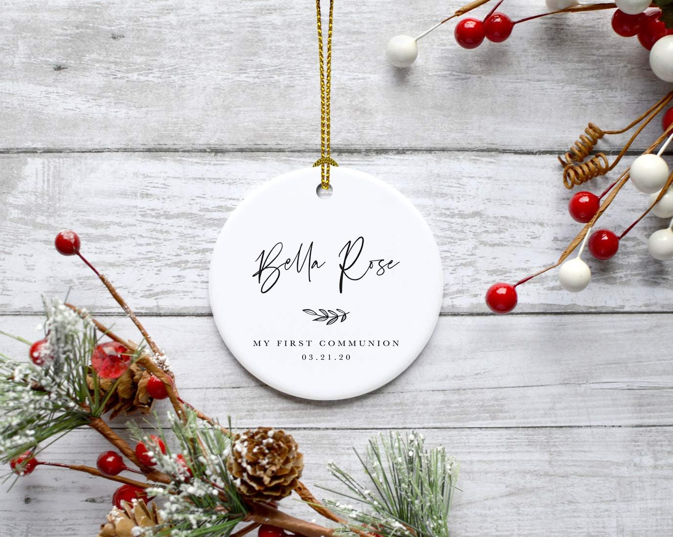 Andaz Press Personalized Round Ceramic Porcelain Christmas Tree Ornament Engagement Collectible Gift for Baby, Ava Marie Carter My First Communion 03.21.20, Antique Handdrawn, 1-Pack