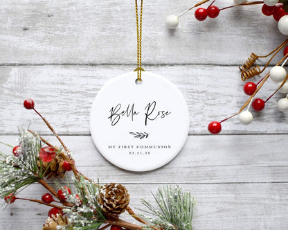Andaz Press Personalized Round Ceramic Porcelain Christmas Tree Ornament Engagement Collectible Gift for Baby, Ava Marie Carter My First Communion 03.21.20, Antique Handdrawn, 1-Pack