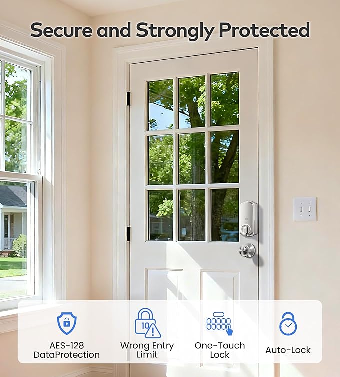 TEEHO TE012W-K WiFi Smart Keyless Entry Door Lock with Handle, Fingerprint Door Knob & Digital Keypad, APP Remote Control, Works with Alexa & Google, Electronic Deadbolt for Front Door, Satin Nickel