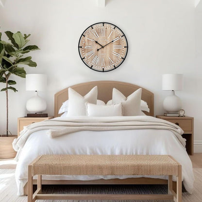 20 Inch Grand Farmhouse Wall Clock, Vintage-Inspired Wood & Metal Design with Large Etched Numbers, Silent Battery-Powered Timepiece for Offices, Kitchens, Bedrooms, and Living Rooms