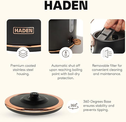 Haden Heritage 1.7 Liter Stainless Steel Electric Kettle, Hot Water Tea Kettle with 360-Degree Base and Auto Shutoff, Black & Copper