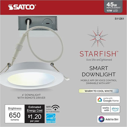 Satco S11261 Starfish 4 Inch Edge-Lit WiFi Smart LED Recessed Downlight, Works with Siri, Alexa, Google Assistant, SmartThings, Tunable White, 650 Lumens