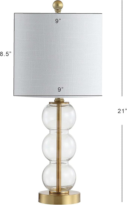 JONATHAN Y 21" Clear/Brass Gold Glass Table Lamp for Bedroom and Living Room, White Linen Shade, Modern Stacked Sphere Bedside Lamp, LED Bulb Included (JYL1021B)