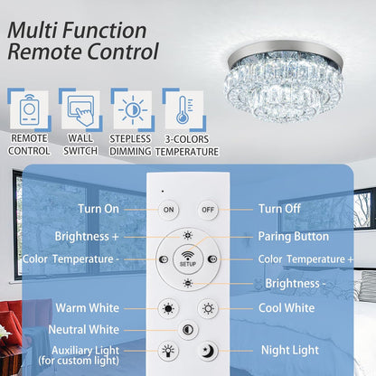 11.8" LED Chandelier 2-Layer Crystal Ceiling Light Fixture with Remote Control Flush Mount Chandelier Light for Hallway Bedroom Living Room Kitchen Foyer(dimmable)