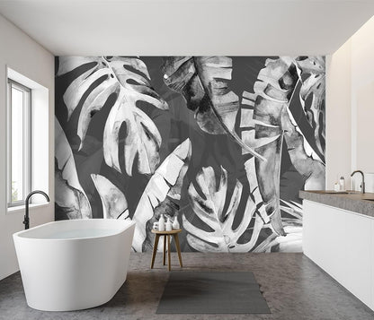 -Tropical Botanical Grey Banana Leaf Fabric Wallpaper Living Room Bedroom Bathroom Plant Large Wall Mural- 137"x96"（ not Peel and Stick）