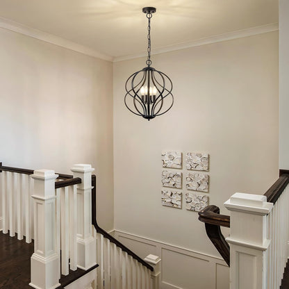 Modern Black Chandelier for Dining Room, 4 Lights Geometric Chandeliers, Sphere Chandelier Industrial Large Pendant Light Fixtures Hanging for Kitchen, Entryway, Foyer, Stairs