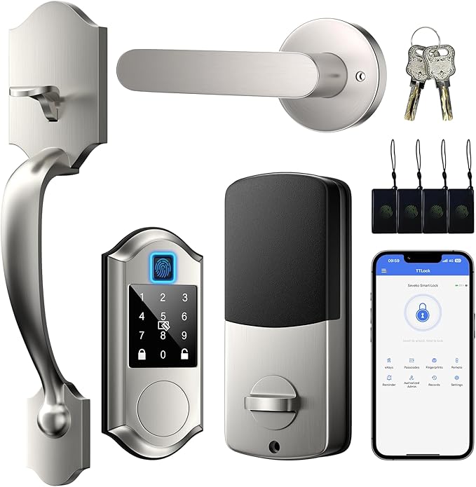 Fingerprint Smart Front Door Lock Set, Keyless Entry Door Lock with Handle, Smart Locks for Front Door, Keypad Deadbolt with Handle, APP Control, Touchscreen Keypad, Auto Locking, Satin Nickel
