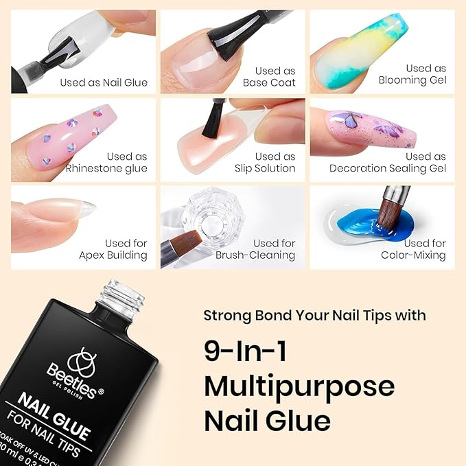 Beetles 9 In 1 Gel Nail Glue Nail Dehydrator Kit for Acrylic Nails Acid Free & Hema-Free Professional Dehydrator Prep for U V Gel Polish Long Lasting Led Lamp Required
