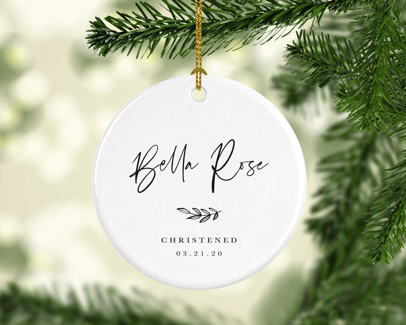 Andaz Press Personalized Round Ceramic Porcelain Christmas Tree Ornament Engagement Collectible Gift for Baby, Ava Marie Carter Christened 03.21.20, Antique Handdrawn, 1-Pack