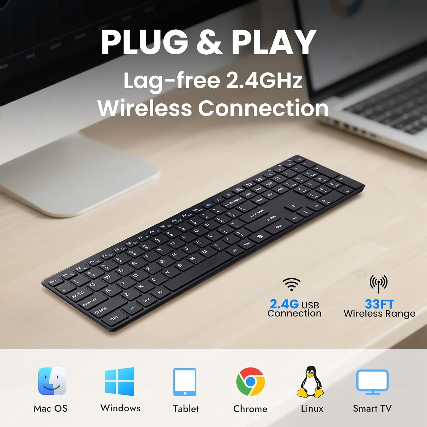Wireless Keyboard-2.4G Ultra Slim Quiet Full Size Matte USB PC Computer Keyboard,19 Multimedia Keys,Number Pad,Plug&Play,Lag-Free Ergo,Long Battery life for Desktop,Laptop,Smart TV,MAC,Windows,QWERTY