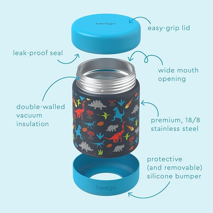 Bentgo Kids Stainless Steel Food Jar - 11oz Leak-Proof Double Insulated Hot or Cold Food Container with Removable Silicone Bumper, Dishwasher Safe, Easy Open Lid, Ages 3+ (Dinosaur)