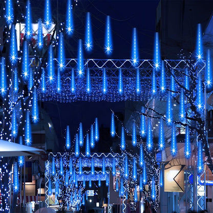 Outdoor Christmas Lights Meteor Shower Lights UL Certified 8 Tubes 192 LED Snow Falling Rain Drop Light Dripping Icicle String Light for Christmas Tree Decorations Xmas Wedding Party, Blue
