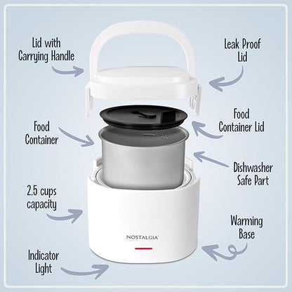 Nostalgia Portable 20-Ounce Electric Heated Lunch Box – Travel Size 2.5 Cup Capacity for Soup, Chili, and Leftovers – Leak Proof Silicone Sealed Lid, Foldable Carry Handle, Detachable Cord – White