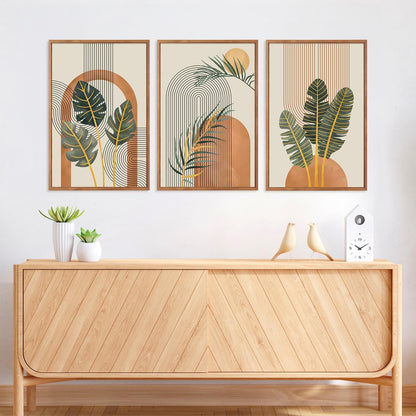 KAIRNE Boho Canvas Wall Art,Abstract Minimalist Room Decor,Tropical Botanical Wall Decor,Mid-Century Geometric Illustrations Set of 3(16”X24”),Botanical Print for Living Room Bedroom Dining Room Decor