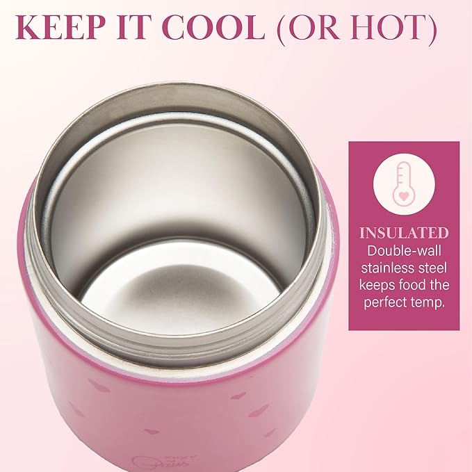 Paris Hilton Stainless Steel Food Jar, Double Wall Vacuum Sealed Insulated Food Storage Container with Carry Handle Lid, 16-Ounce, Pink with Heart Design (Pack of 4)