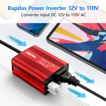 150W Power Inverter 12v to 110v Car Adapter Outlet to Wall Plug with 3.1A Dual USB Car Charger for Laptop Computer-Red