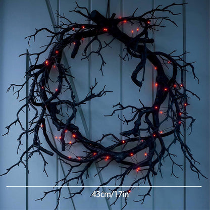 Halloween Black Branch Wreath Signs for Front Door with Red Lights,Handcrafted Halloween Horror Wreath for Indoor Outdoor Party Window Wall Decor Farmhouse Garland Yard