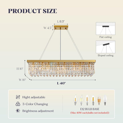 Modern Crystal Chandelier for Dining Room,Gold Luxury Crystal Chandelier,8 Lights Rectangular Rectangle Light Fixture for Living Room Kitchen Island L40''xW10''xH10''