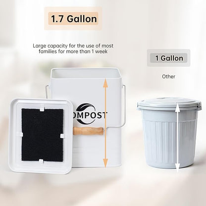 Kitchen Compost Bin, 1.7 Gallon Countertop Compost Bin with Lid and Charcoal Filter, Kitchen Composter for Food Waste, Rust Proof Indoor Bucket, White