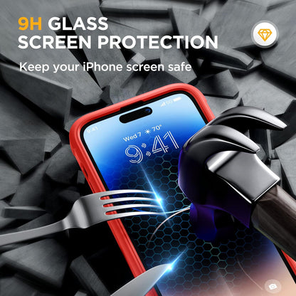 Miracase Glass Series Designed for iPhone 14 Pro Max Case 6.7 Inch, Upgrade Full-Body Bumper Case with Built-in 9H Tempered Glass Screen Protector, with Camera Lens Protector, Red