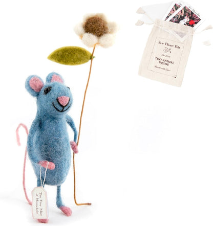 | Hand-Felted Pretty Blue Mouse with Flower | Organic Wool Home Decor | Fair Trade Plush Animal Ornament | Gift for Any Occasion | Perfect for New Spaces & Home Accessories