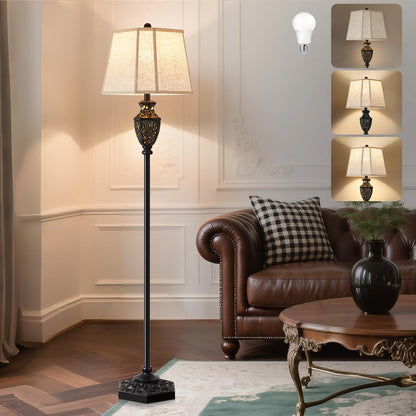 Luvkczc Vintage Black Floor Lamp - Hand-Painted Gold Resin with 6-Sided Carved Hollow Nightlight, Traditional Standing Lamp for Living Room, Bedroom, Study (Bulb Included)