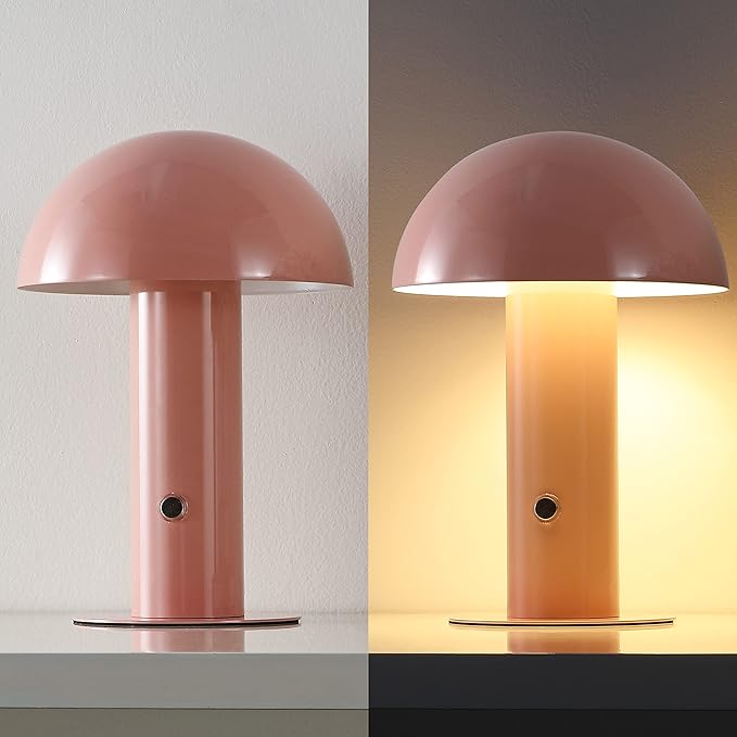 JONATHAN Y 10.75" Pink Rechargeable LED Mushroom Table Lamp, Cordless Portable Bedside Lamp for Living Room Bedroom, 3-Way Dimmable Modern Iron Desk Light, Metal Shade (JYL7115F)